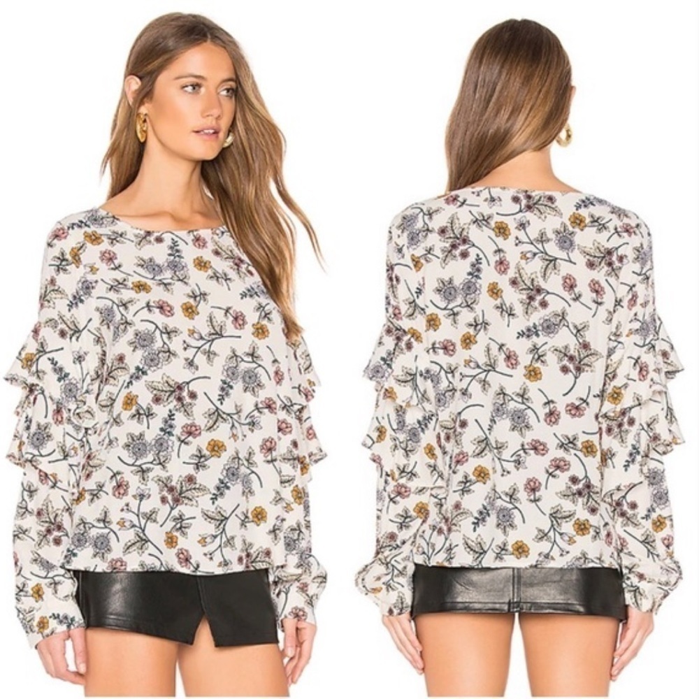 Sanctuary Tilly Flounce Sleeve Floral Blouse‎ in Cream, Size Medium